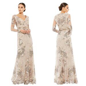 Mac Duggal Taupe 67539 Sequin V-Neck Long Sleeve Formal Gown Dress NEW